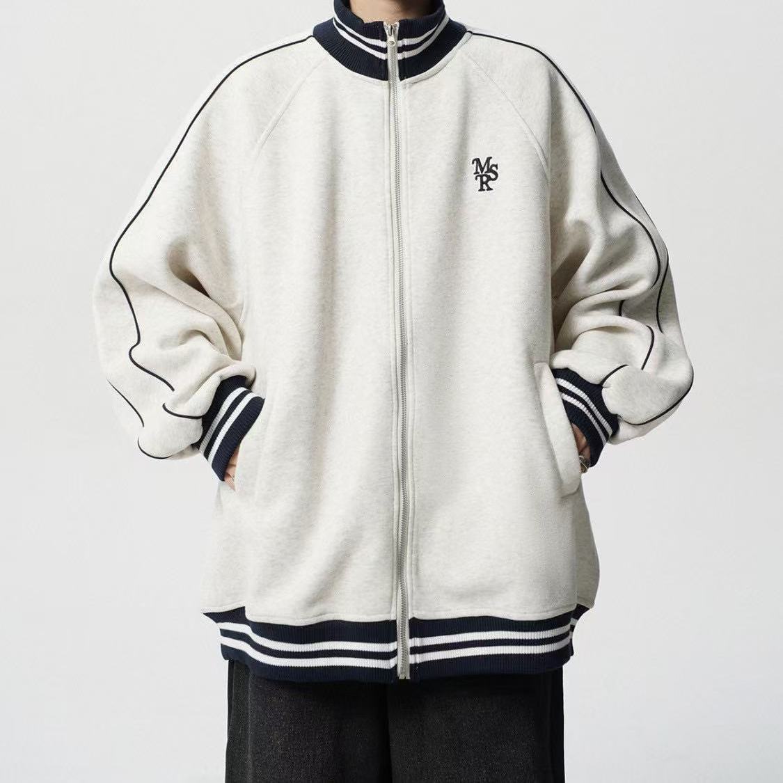 P American high-end striped jacket men's and women's high street trendy brand embroidered baseball jersey retro college style couple spring and autumn coat