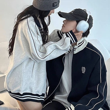 P American stand-up collar embroidered loose baseball jersey men's and women's early autumn jacket loose casual college style couple jacket