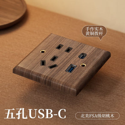 P  Black walnut brass lever power socket panel