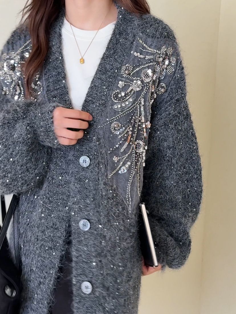 P sequined beaded sweater jacket