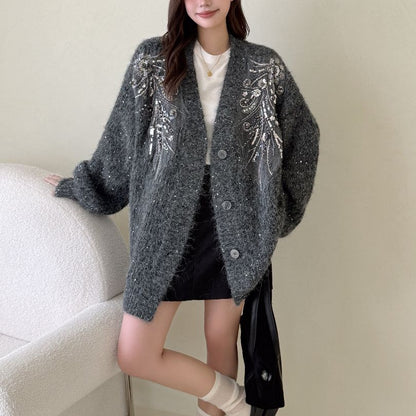 P sequined beaded sweater jacket