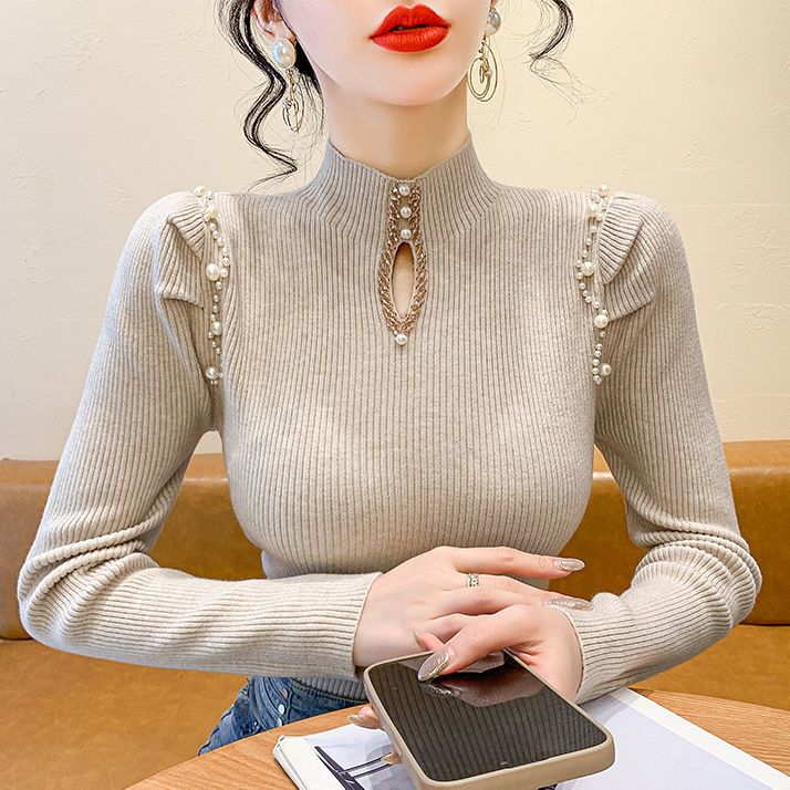 P winter new slim-fit bottoming shirt beaded bubble sleeve sweater women's clothing