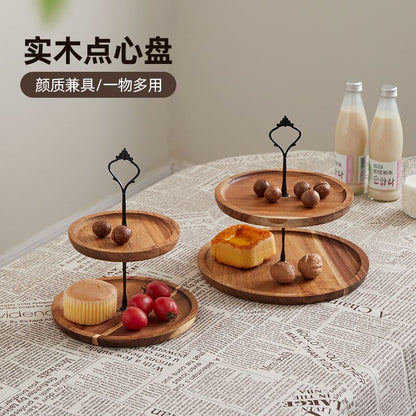 P Double layer dried fruit plate table tray multi-layer wooden plate