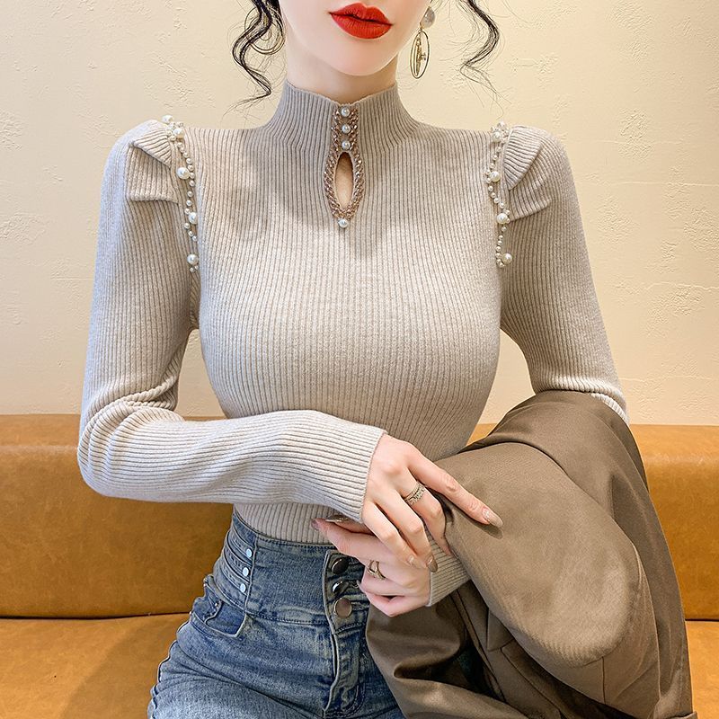 P winter new slim-fit bottoming shirt beaded bubble sleeve sweater women's clothing