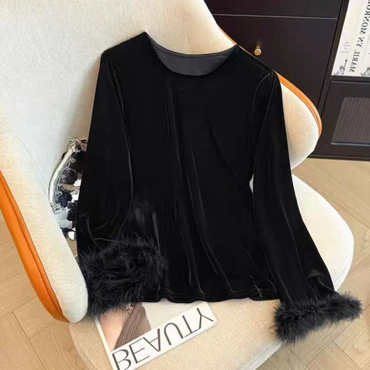 P large size high-end golden velvet long-sleeved T-shirt for women's autumn