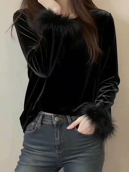 P large size high-end golden velvet long-sleeved T-shirt for women's autumn